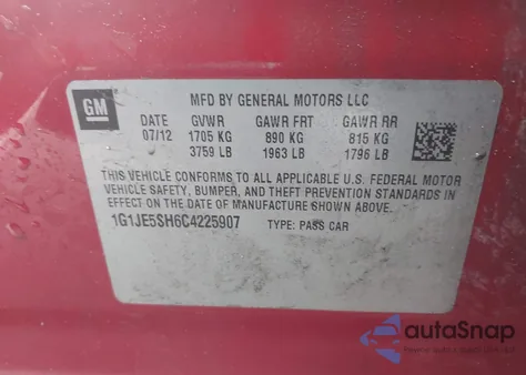2012 Chevrolet Sonic 2Lz from USA, damaged, VIN 1G1JE5SH6C4225907